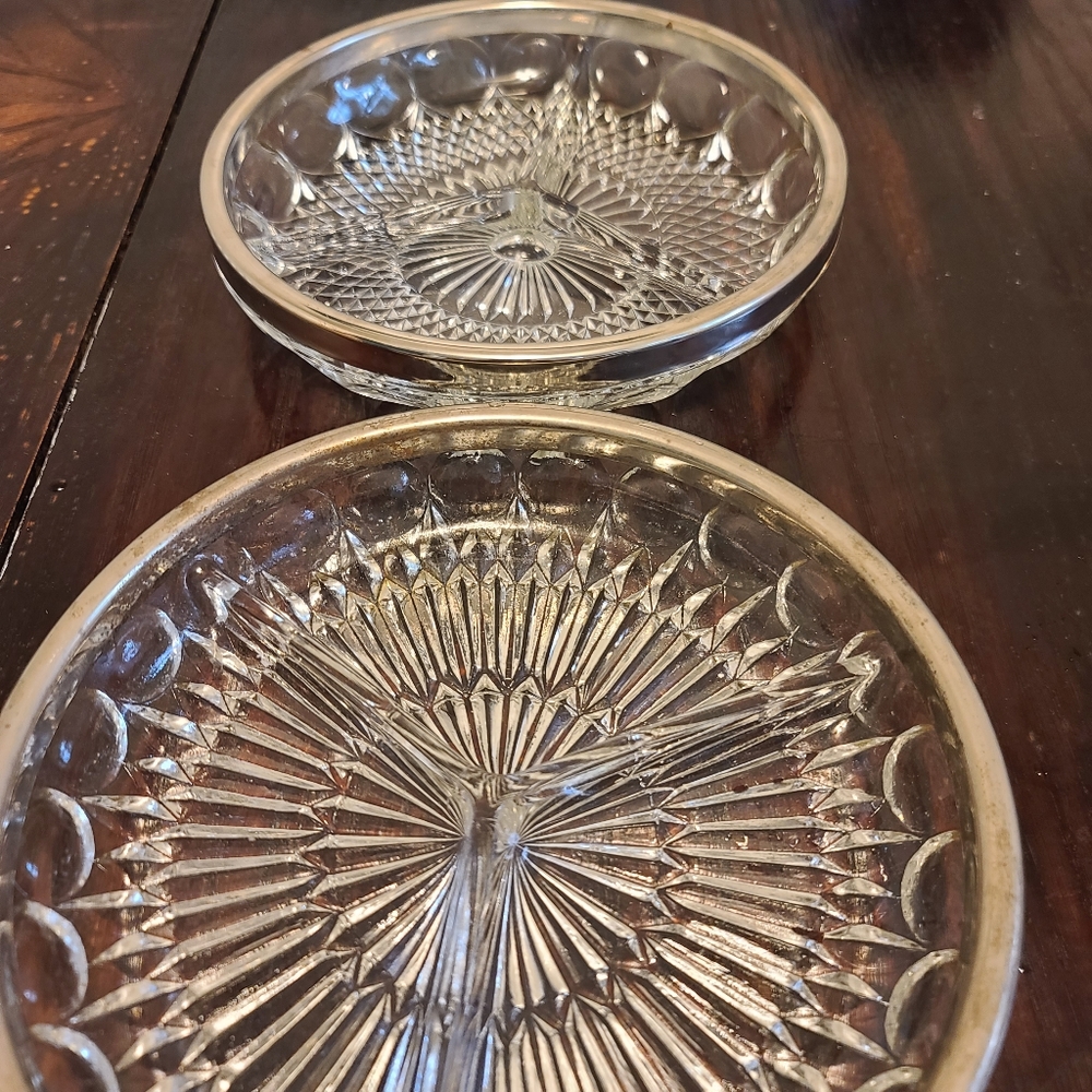 Pair Of Vintage 1960s Divided Serving Dish, Clear Glass, Round 3 Section Silver